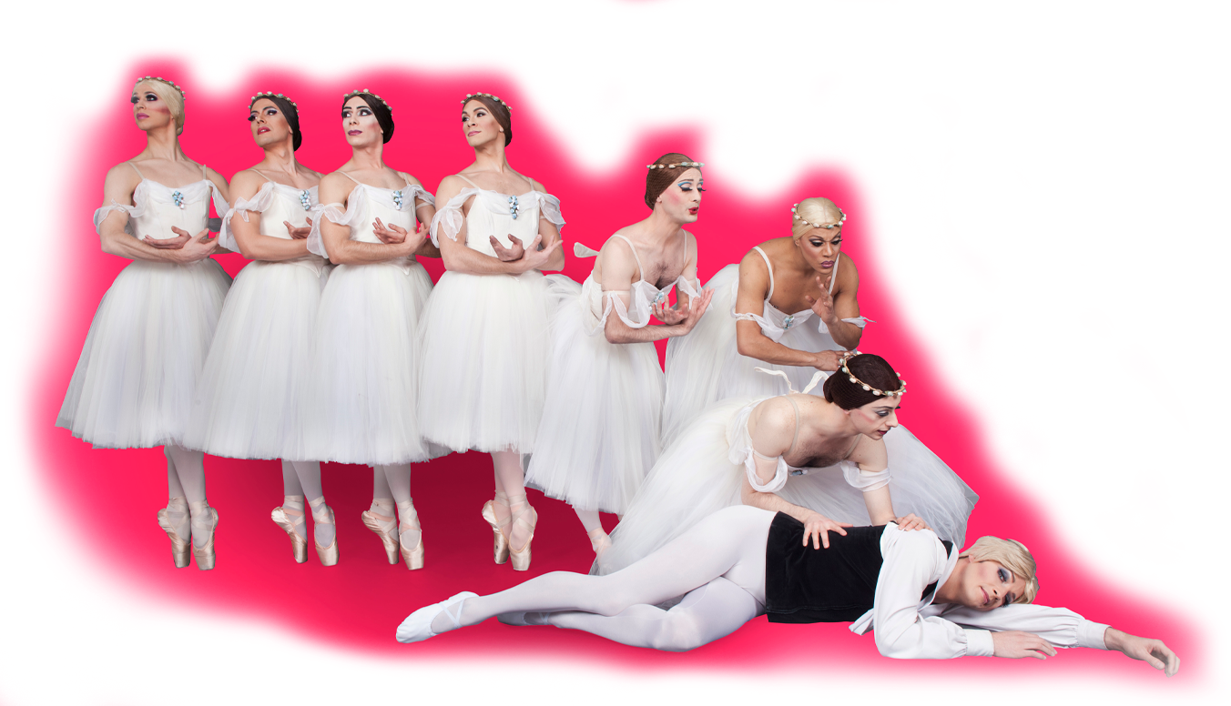 Image of the Trocks dancers wearing white tutus and white head dresses